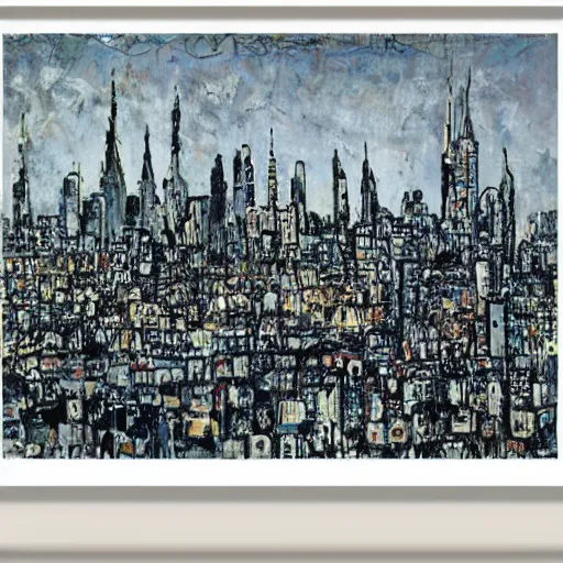 Image similar to A beautiful print of a cityscape with tall spires and delicate bridges. grey by Jackson Pollock angular