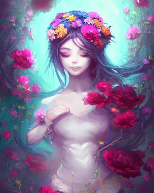 Prompt: a painting of a beautiful huggy wuggy surrounded by flowers, an ultrafine detailed painting by ross tran, centered full body, featured on deviantart, fantasy art, detailed painting, deviantart, anime