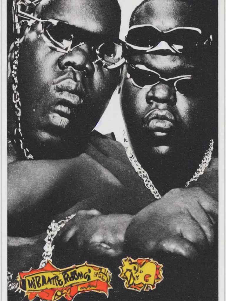 Prompt: trading card featuring portrait of notorious big, wearing crown and sunglasses, with symmetrical attributes, biggie smalls rap music trading card