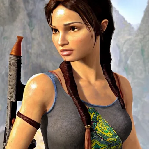 Prompt: hey ai use your best to give me beautiful lara croft wearing batik!