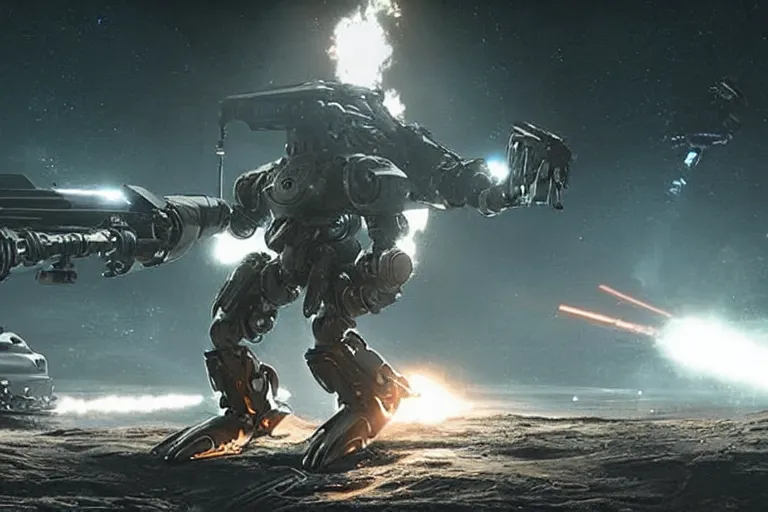 Image similar to VFX movie of a futuristic inhuman alien spacemarines Mech in future spaceship, firing gun at alien horde detailed creature skin neon lighting by Emmanuel Lubezki