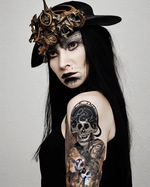 Prompt: photorealistic head and shoulders photo of beautiful female ornate fantasy Witch goddess, confident, minimal black skull warpaint, tattoos, Neil Blevins, James Paick, Natasha Tan Maciej Kuciara, Frank frazetta, arney freytag, Ritu Kumar, Sabyasachi Mukherjee, Magic the gathering,octane, bokeh, 8k, fashion pose, cinematic, 28mm