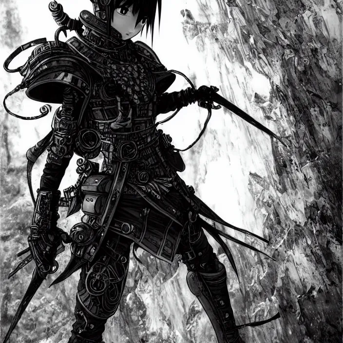 Image similar to a vertical portrait of a manga character in a scenic environment by nihei tsutomu, black and white, dreamy, steampunk armor, highly detailed, render