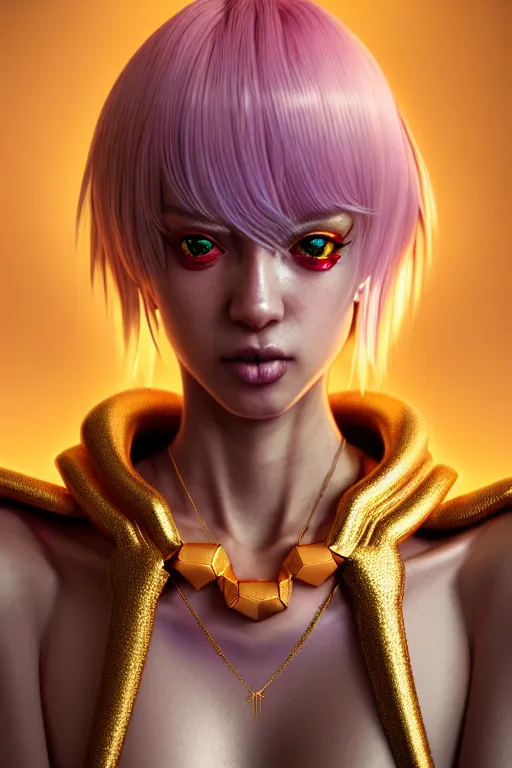 Image similar to hyperdetailed portrait of a stunningly beautiful european girl androgynous guard made of iridescent metals shiny pink gems, bright nimbus, thin golden necklace, inspired by ross tran and wlop and masamune shirow and kuvshinov, concept art, intricate, photorealistic, octane render, rtx, hdr, unreal engine, dnd digital art by artgerm