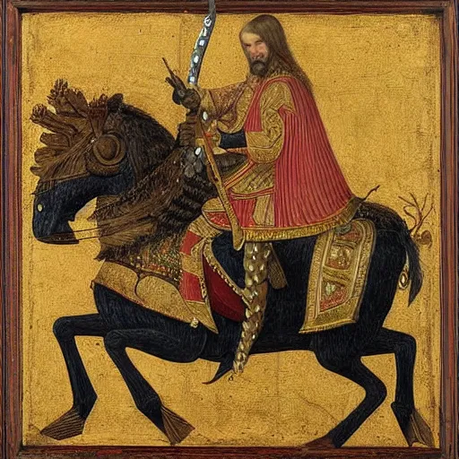 Image similar to painting of the swedish king riding a moose into battle holding a greatsword above his head, carlo crivelli