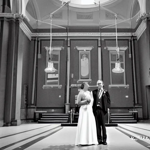 Prompt: cadmus and harmony get married with a small intimate audience at marylebone town hall and david bailey takes the photos, black and white, ilford ilfocolour 400, tlr rolleiflex T, octane render, 4k, realistic