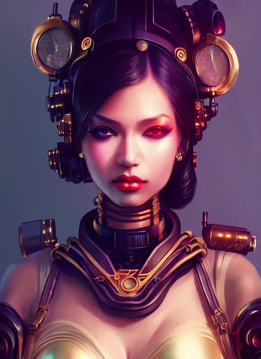 Image similar to soft lustrous ebony geisha seductive raver steampunk space cowgirl cyborg, golden ratio, details, scifi, fantasy, cyberpunk city, intricate, decadent, highly detailed, octane render, digital painting, artstation, concept art, sharp focus, illustration, art by artgerm, loish, wlop