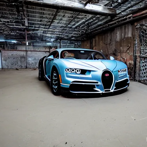 Image similar to an abandoned, derelict, ( really rusty ) bugatti chiron in a dirty warehouse