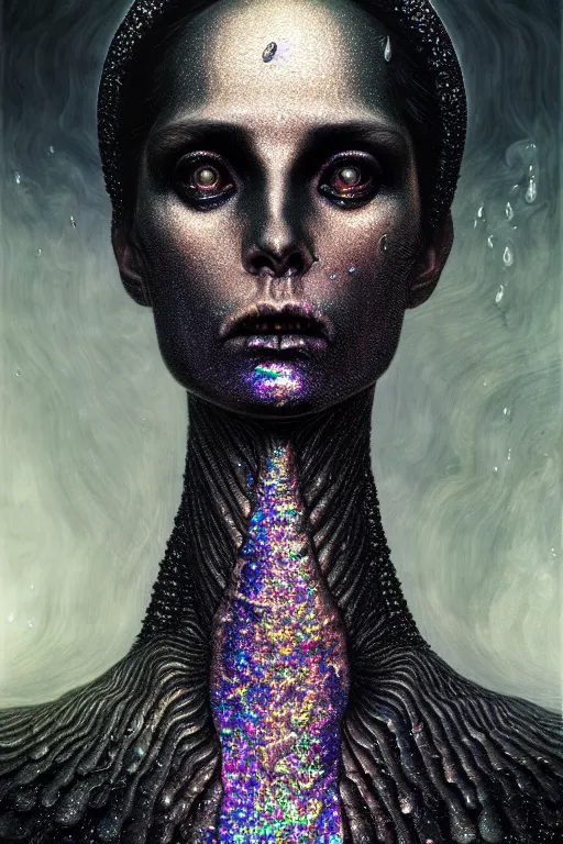 Prompt: pearlescent black lilith! the mother of all demons, covered in iridescent glitter!!, eye in mouth, raining ash, fine art masterpiece, highly detailed dino valls wayne barlowe machiej kuciara, dramatic lighting, long shot, side angle, uhd 8 k, sharp focus