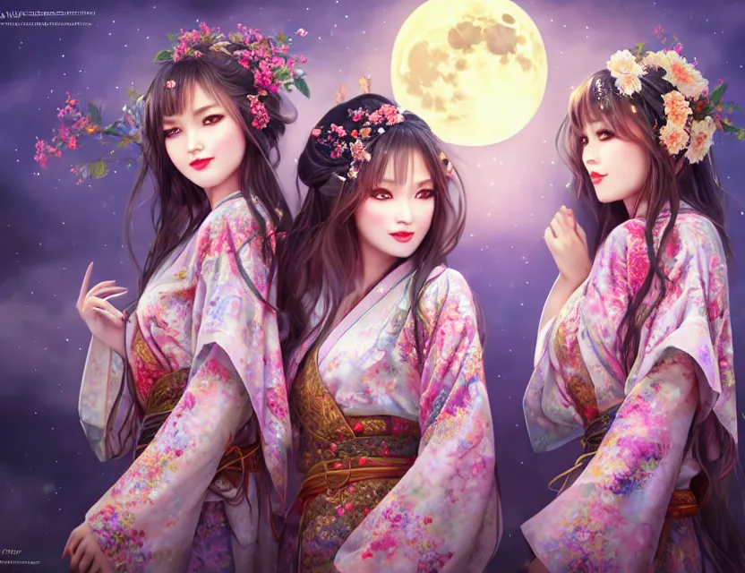 Image similar to two beautiful alluring siberian girls wear fantasy kimono in festival | | sunny night, full moon, dreamlike art, realistic shaded, smile, good looking, hyper details, 4 k realistic, cryengine, realistic shaded lighting poster by artgerm, ross tran, fuji choko, 8 k resolution, trending on artstation, luxury