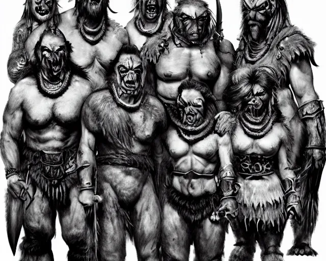 Prompt: group vintage photograph of a real fantasy warrior orc tribe, tall, muscular, sharp fangs and tusks, armored, tribal paint, highly detailed, hd, hq