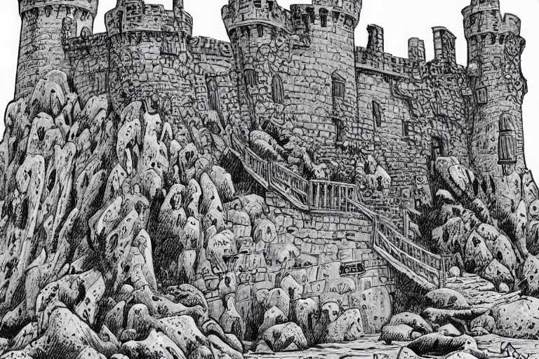 Image similar to an old castle on a seaside cliff by joe fenton and bernie wrightson and, mike allred, coloring book, line art, simple, low detail,