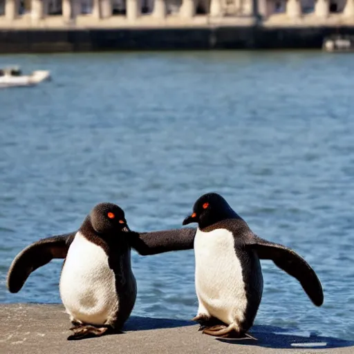 Image similar to two little penguins in a heart locket holding hands on a boat near the Seine in Paris