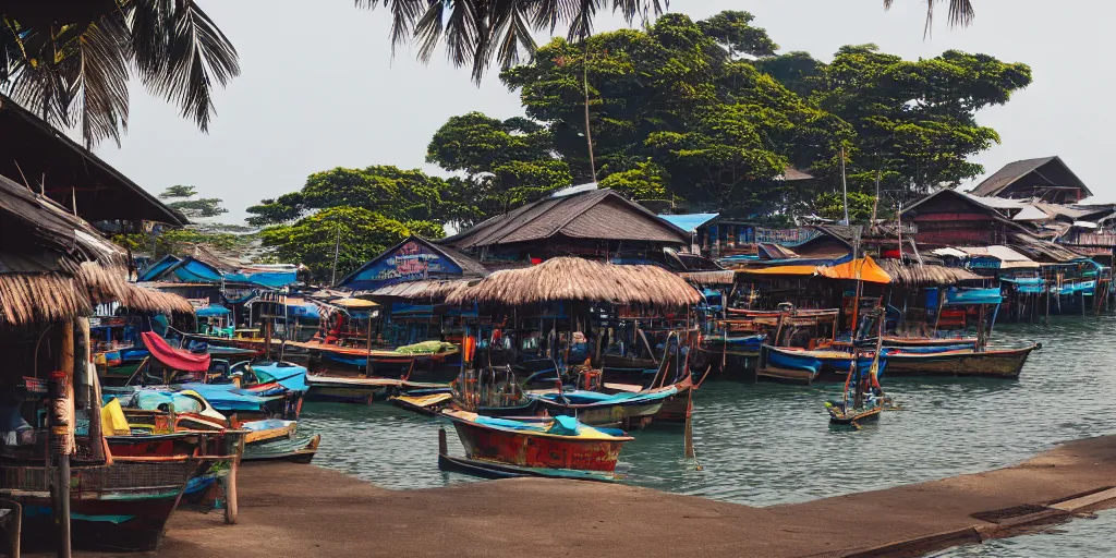 Prompt: shops at pulau indah fishing village, near a jetty, early morning, detailed matte painting, low angle view, telephoto lens, bokeh, hayao miyazaki, artstation