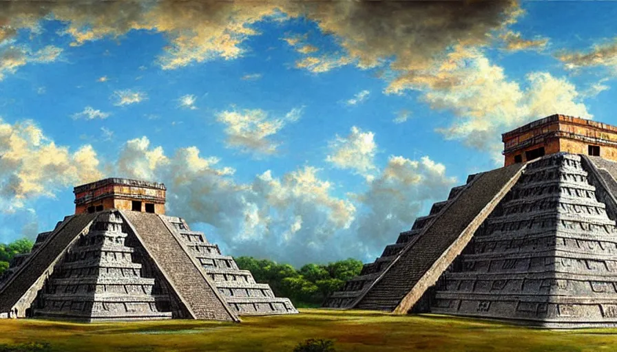 Prompt: excellent painted mayan city Chichen Itza 900 AD in a wide epic beautiful landscape somewhere in mexico with fluffy clouds, painted by Hans Fredrik Gude, Greg Rutkowksi, Craig Mullins and Artgerm, masterpiece, 4k, ultra realistic highly detailed oil painting