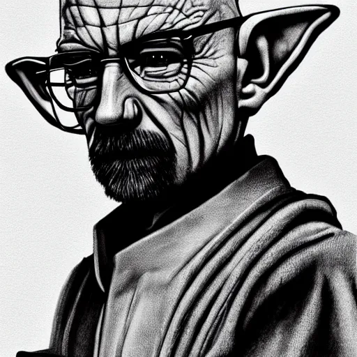 Image similar to Walter white as Yoda, punk rock, retro futuristic, featured on artstation, full body portrait