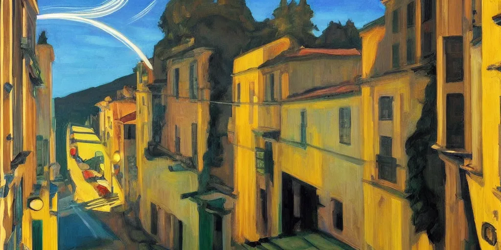 Image similar to street art. paralyzed by the indescribable beauty of the cosmos. amazing view of the electric trail from city of sintra. art style by edward hopper daring, incredible