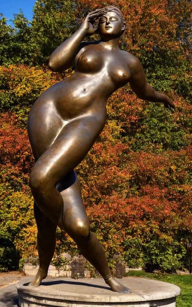 Image similar to detailed photo of old bronze patina statue of seductive curvy girl, super highly detailed, full body view, various poses, au blurry distant background with garden of ancient castel, photorealism, intricate detail, museum diffuse lighting, autumn sunlights