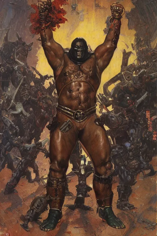 Image similar to full body portrait of huge hulking mark henry as armoured demon, simple background, painted by jack kirby, lawrence alma tadema, norman rockwell, greg staples, wayne barlow, jacob collins, tom lovell, frank schoonover, neville page