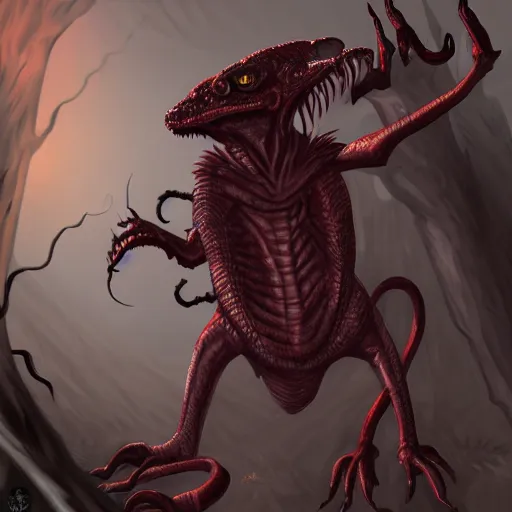 Image similar to big butcher anthropomorphic male lizardfolk posing scarily, scary angry pose, chasing you, bloody, covered in blood, fresh kill, cleaver, in a cave, earie setting, lovecraft eldritch horror, hyperdetailed, furaffinity, anthro art