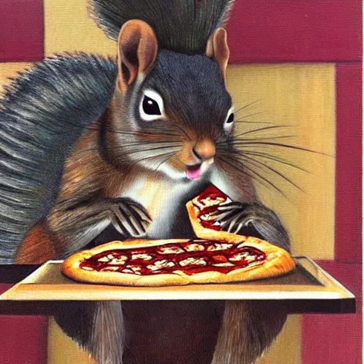 Image similar to a painting of a squirrel in kimono eating pizza in baroque style
