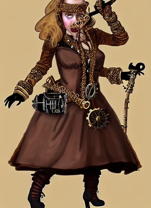 Image similar to Steampunk beard female dwarf glamor bard speaker of a small town and fashionable female in high-end Oscar de la Renta