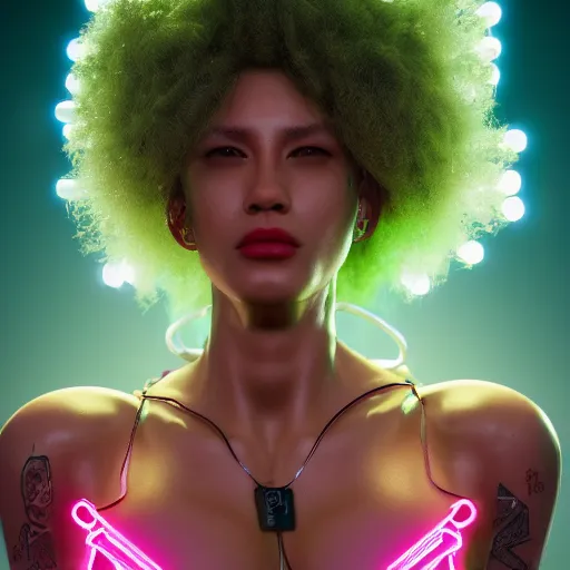 Prompt: a cyberpunk mulatto beauty queen, by wlop, by justin bua, motherboard, circuitry, wires, neon lights, beads, curly afro, micro detail, octane render, physically based rendering, sci - fi, intricate, insane details, photorealism, 8 k, cgsociety