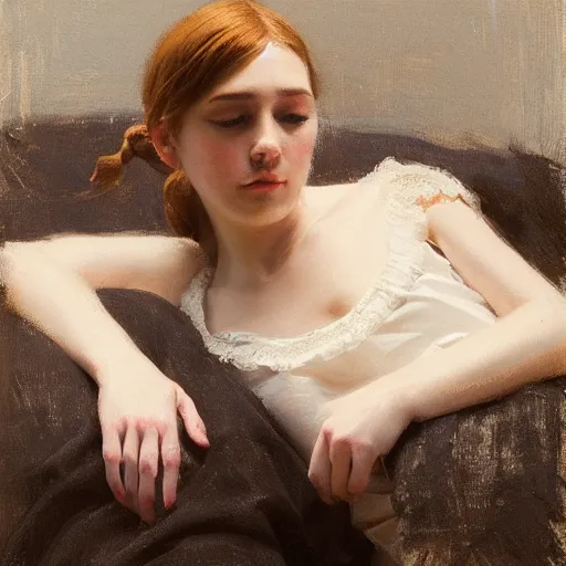 Prompt: girl with pigtails hairstyle, lace dress, reclining pose, jeremy lipking, joseph todorovitch, timothy rees