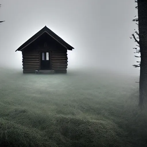 Prompt: mysterious cabin in the woods, dark, fog, by bagshaw, tom