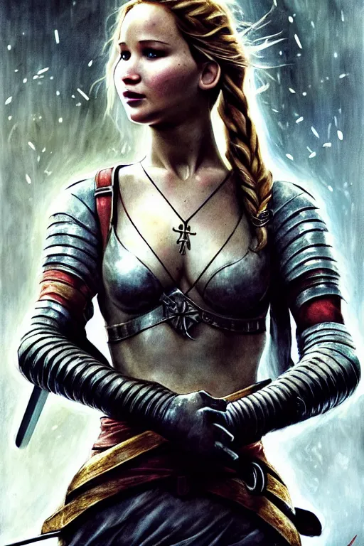 Image similar to jennifer lawrence, legendary warrior, heroic fighter, lord of the rings, tattoos, decorative ornaments, battle armor, omar ortiz, carl spitzweg, ismail inceoglu, vdragan bibin, hans thoma, greg rutkowski, alexandros pyromallis, perfect face, sharply detailed, centered, rule of thirds, realistic shading, photorealism