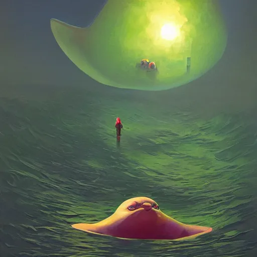 Image similar to the blob, a being of green ghostly ooze making its way through abandoned midnight, ray swanland, rhads,