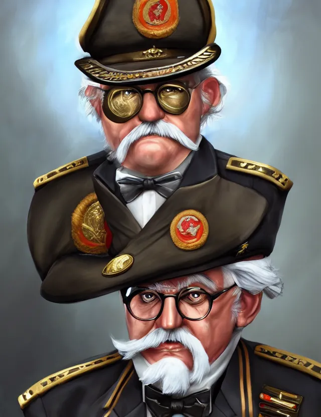 Image similar to a portrait of colonel sanders wearing a military uniform and an eyepatch, by moebius and tyler edlin and hr giger, trending on artstation, digital art, 4 k resolution, detailed, high quality, sharp focus, hq artwork, coherent, insane detail, concept art