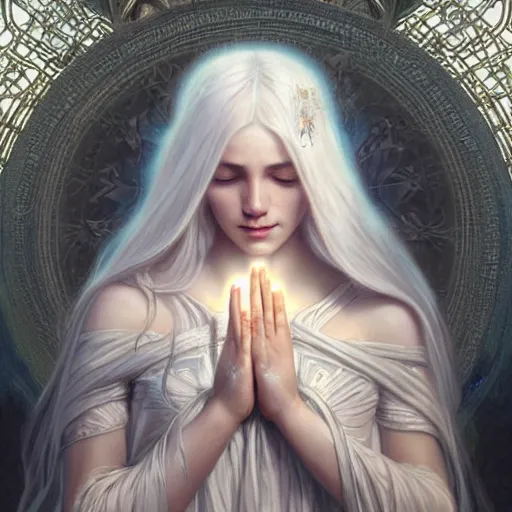 Image similar to goddess, white hair, long hair, hands spread out in prayer, intricate, elegant, ethereal, highly detailed, digital painting, artstation, concept art, smooth, sharp focus, illustration, art by artgerm and greg rutkowski and alphonse mucha