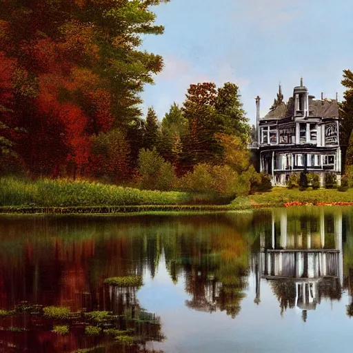 Prompt: Victorian mansion beside an inland lake in rural Maine, artstation, felix Kelly, Bob Ross