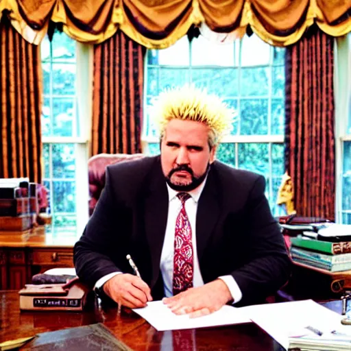 Image similar to President Guy Fieri at his desk in the white house Oval Office, business suit, signing bill, cinematic, kodak 2383 film