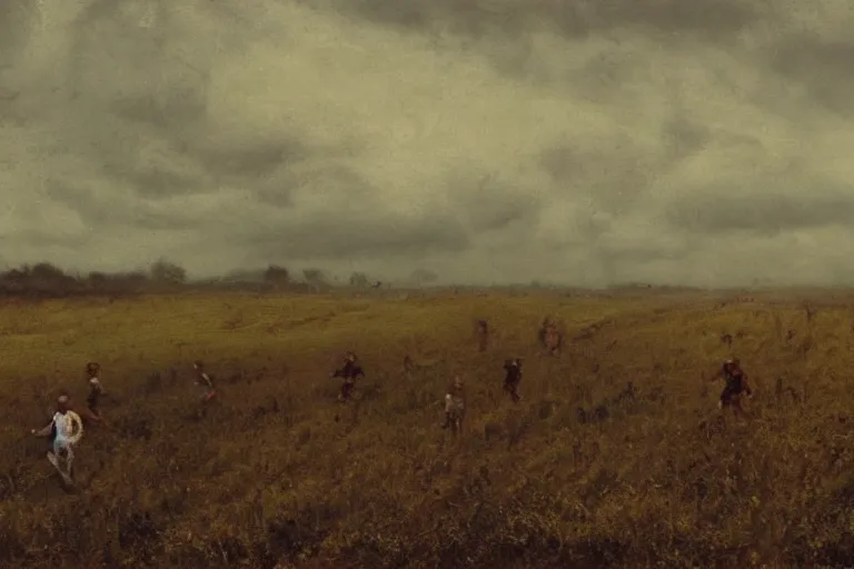 Prompt: a group of men running across a field, a matte painting by anton mauve, featured on cgsociety, remodernism, matte painting, # vfxfriday, matte drawing