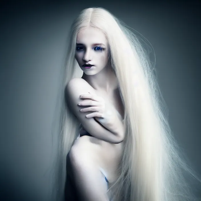 Image similar to a young woman with long blond hair dressed in white, fine art photography light painting in style of Paolo Roversi, professional studio lighting, dark blur background, hyper realistic photography, fashion magazine style