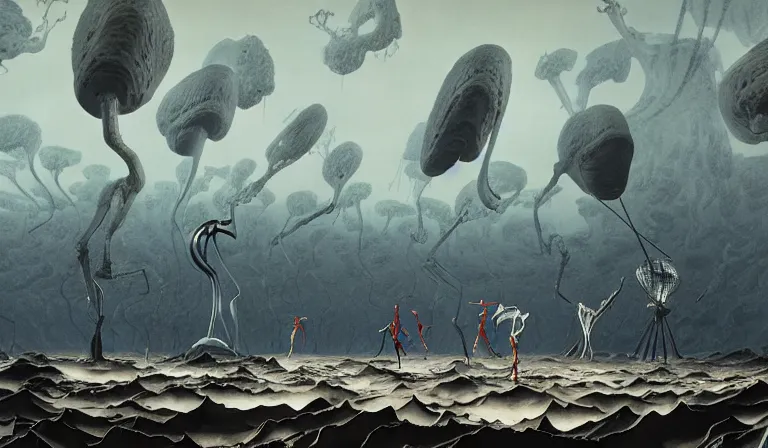 Prompt: still frame from Prometheus by Yves Tanguy and utagawa kuniyoshi, Vast hell plains with resurrecting ornate mycelium cyborgs in style of Jakub rozalski and Simon Stalenhag with character designs by Neri Oxman, metal couture haute couture editorial