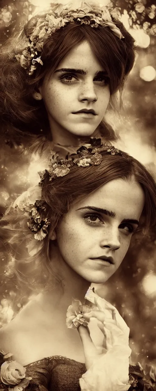 Prompt: photo photorealistic portrait closeup photograph of Emma Watson dressed in victorian style fashion, photographic castle gardens background, nighttime, rich vibrant colors, ambient lighting, dynamic lighting, beautiful detailed photograph intricate insanely detailed octane render, 8k artistic photography, photorealistic, Edward Steichen, Peter Lindbergh, Albert Watson chiaroscuro anime key visual, makoto shinkai, ilya kuvshinov, lois van baarle, rossdraws, detailed, trending on artstation