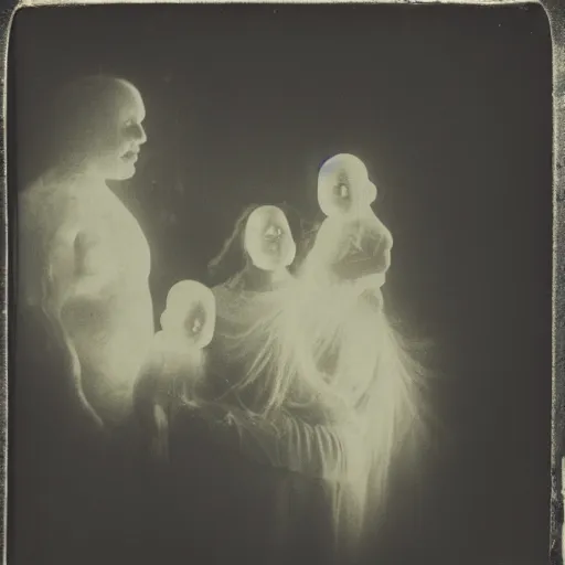 Prompt: spirit photography with glowing bulbous intestinal ectoplasm, slimer from ghostbusters, mourning family, invoke fear and dread, old photograph, daguerreotype, 1 8 0 0 s, abraham lincoln