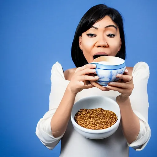 Prompt: a woman with blue skin and two lekku from star wars eats her breakfast cereal, photograph, studio lighting