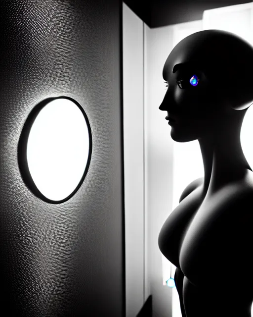 Image similar to black and white high quality photo of a female AI-cyborg-doll looking into a sci-fi mirror, volumetric lighting, hyperdetailed, masterpiece, elegant, dark, in the style of Man Ray,