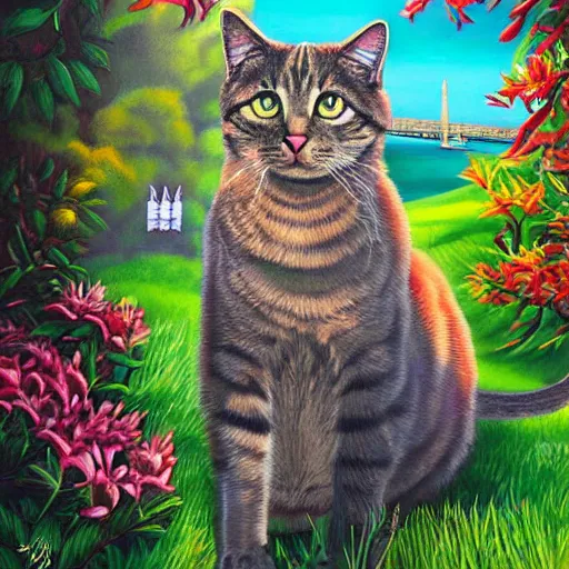 Image similar to cat in a beautiful city of the future in harmony with nature. Beautiful detailed painting by Lurid. (2022)