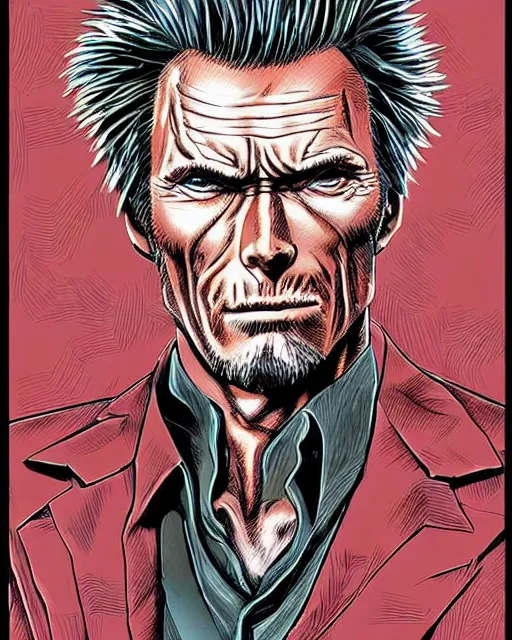 Image similar to Digital color pen drawing of Clint Eastwood from JoJo\'s Bizzare Adventure, highly detailed, sharp focus, screentone shading, 1990 manga panel, trending on ArtStation, manga cover art drawn by Hirohiko Araki