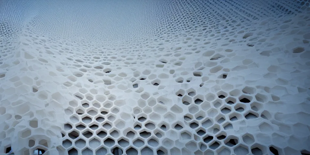 Image similar to real white honeycomb organic building, film still from the movie directed by denis villeneuve aesthetic with art direction by zdzisław beksinski, telephoto lens, shallow depth of field