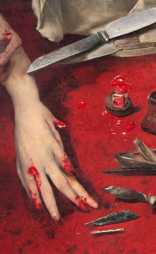 Image similar to by 1 9 th century famous painter, hands, nail polish, blood smear, blood dripping, knife, realism, realistic, oil painting, red wallpaper background