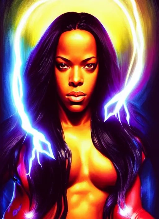 Image similar to full body portrait of marvel cinematic universe aaliyah haughton, x - men, storm, elegant, electricity archs, lightning strikes, rippling electromagnetic, highly detailed!! digital painting, artstation, glamor pose, concept art, sharp focus, illustration, art by artgerm and greg rutkowski, artey freytag