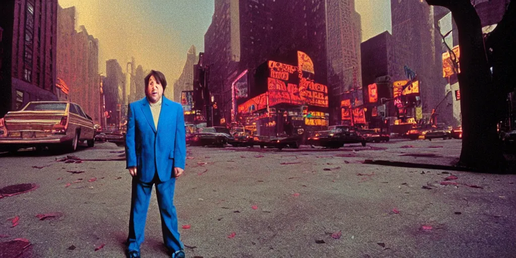 Prompt: award winning photo of BILL HICKS TRIPPING ON LSD in new york, vivid colors, happy, symmetrical face, beautiful eyes, studio lighting, wide shot art by gregory crewdson and francis bacon