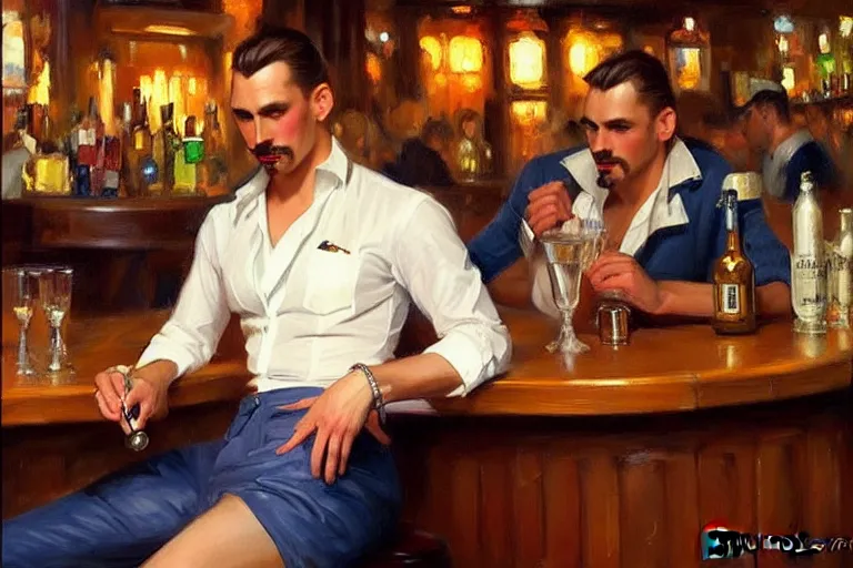 Prompt: attractive man sitting in a bar, painting by vladimir volegov, j. c. leyendecker, tom of finland, trending on artstation