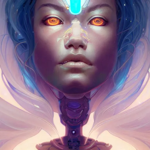 Image similar to cyborg, female, fantasy, bioluminiscence, flowing hair, highly detailed, digital painting, beautiful eyes, symmetry, concept art, sharp focus, illustration, art by artgerm and greg rutkowski and magali villeneuve and ilya kuvshinov! : : alphonse mucha : : - 0. 2